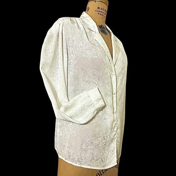 Vintage Steven Barry White on white floral patterned long sleeve blouse size 12 - Picture 2 of 13